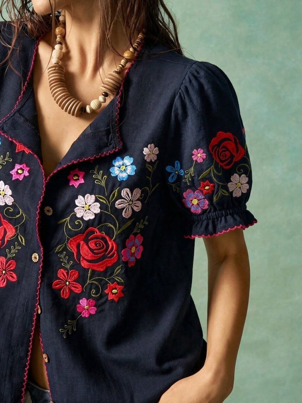 Black Boho Women's Casual Embroidered V-Neck Short Sleeve Woven Blouse